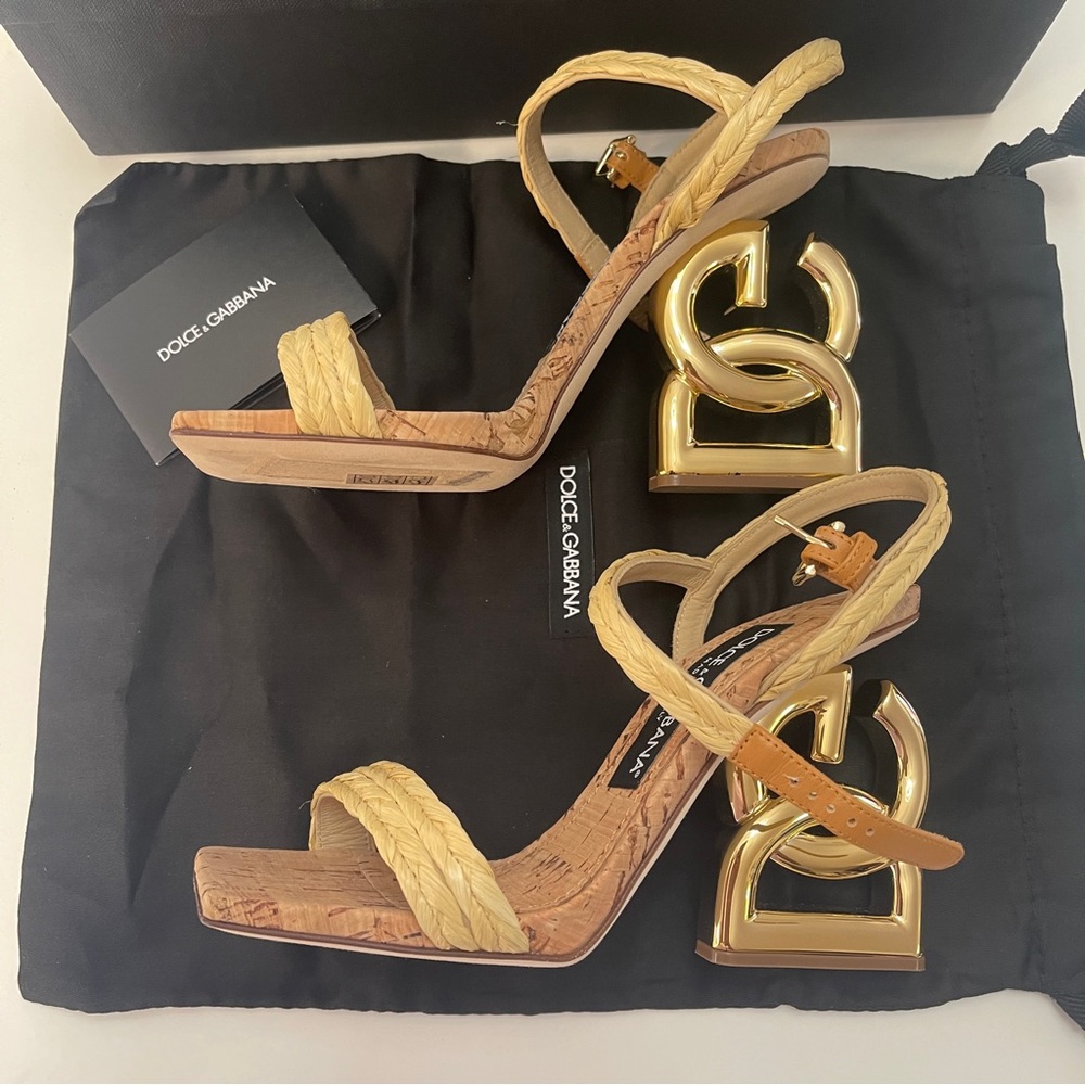 Dolce And Gabbana Logo Heel Ankle Strap Sandal DG Heels Raffia $1095 NEW